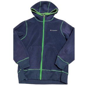 Columbia navy blue fleece jacket coat hoodie EUC 8 green trim
